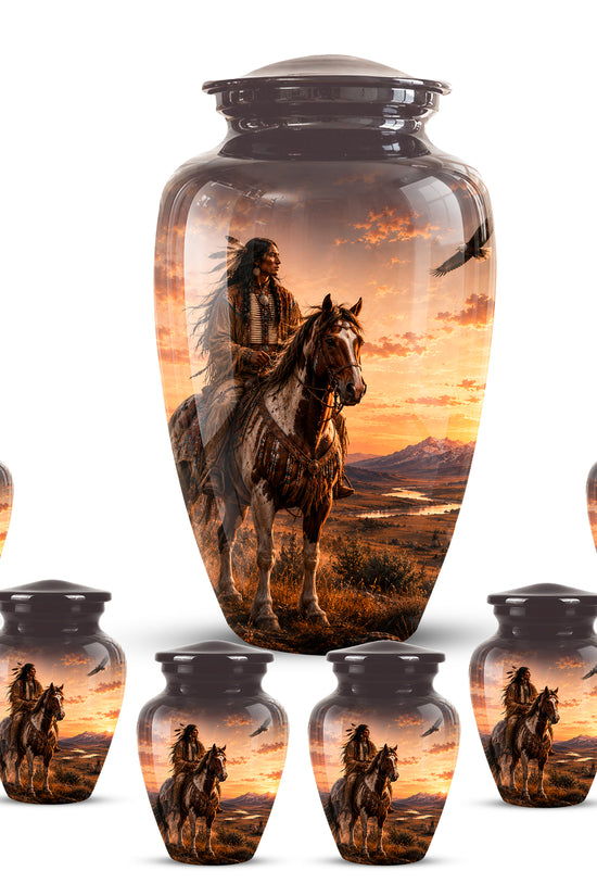 Personalized Native American Horse Rider Aluminum Cremation Ashes Urn
