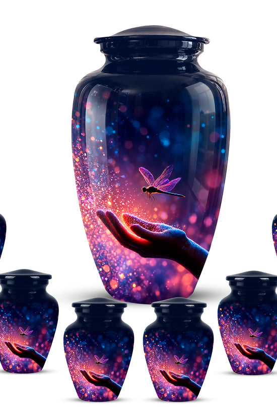 Blue Serene Dragonfly Cremation Urn - Majestic Human Hand Ashes Container