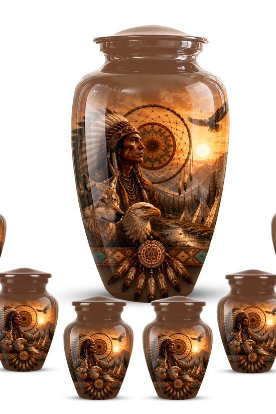 Native American Man, Eagle & Wolf Custom Memorial Urn For Human Ashes