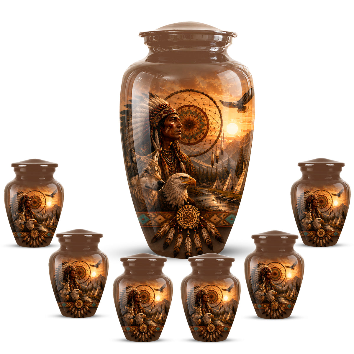 Native American Man, Eagle & Wolf Custom Memorial Urn For Human Ashes
