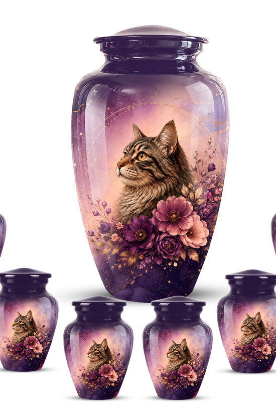Floral Cat Memorial Urn – Personalized Purple Aluminum Ashes Urn For Ashes
