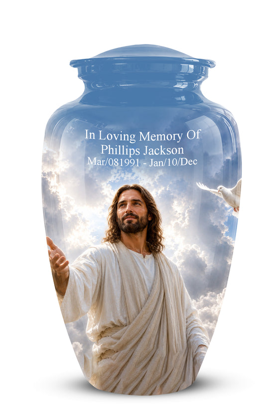 Personalized Jesus Cremation Urn - Blue Aluminum Urn For Spiritual Humans