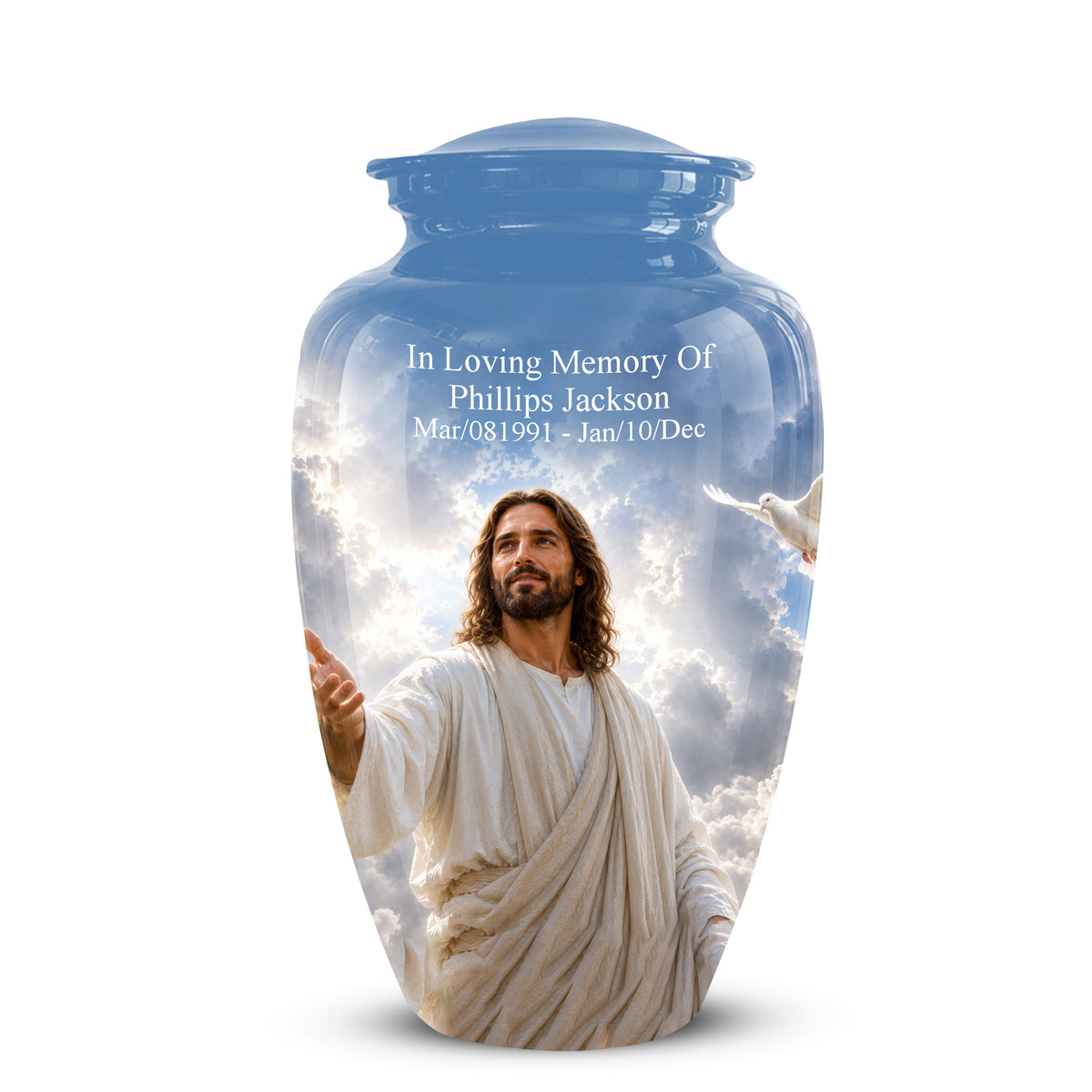 Personalized Jesus Cremation Urn - Blue Aluminum Urn For Spiritual Humans