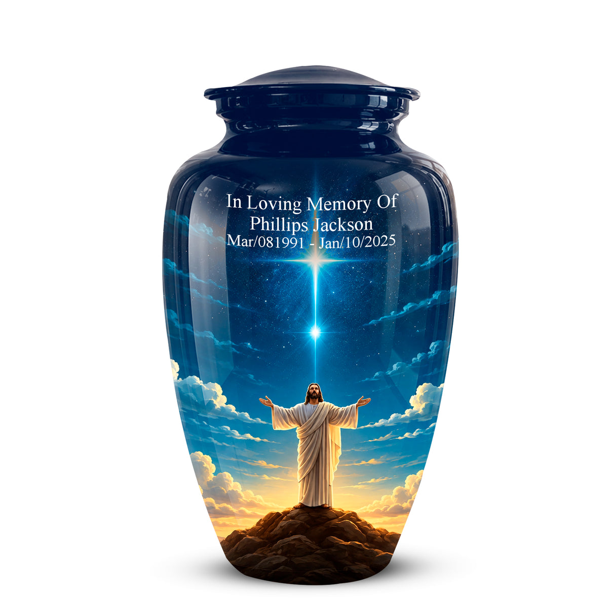 A glossy dark blue memorial urn with a lid, featuring a printed design of Jesus standing on a hill with arms outstretched under a starburst and clouds. White personalized text is printed on the upper front.