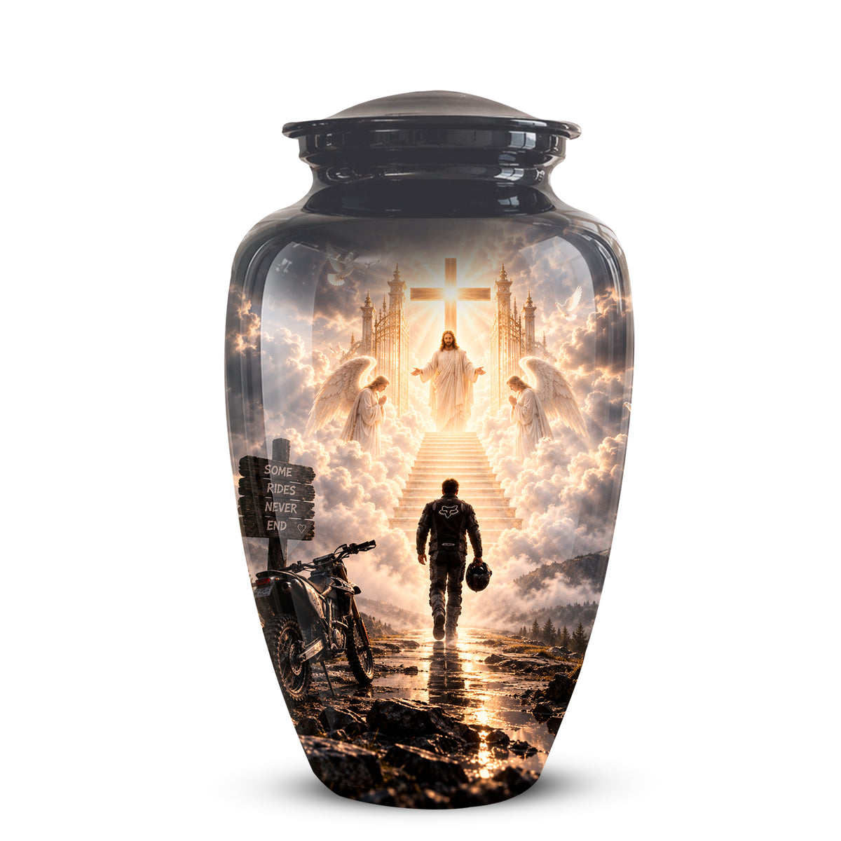 A glossy black ceramic cremation urn with a detailed religious scene printed on the front. The design shows a figure walking up steps toward a glowing cross and angels, with a motorcycle in the foreground, set against a plain white background.
