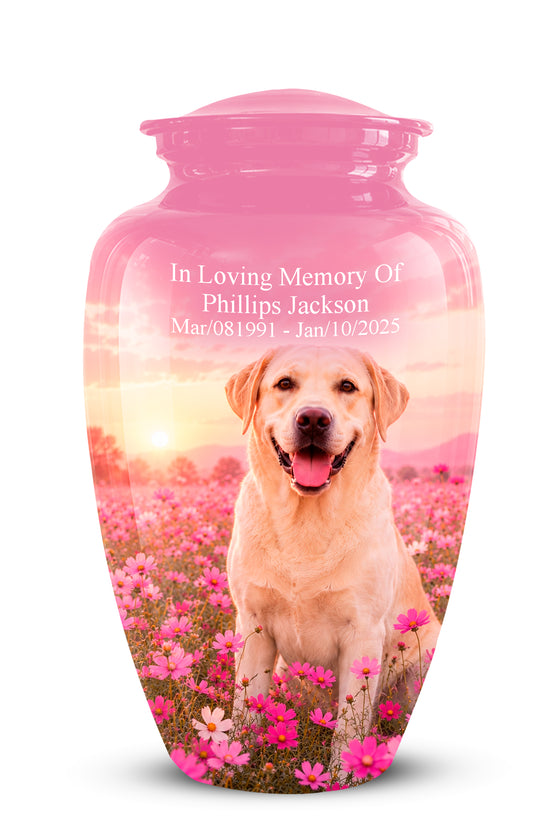 A pink pet memorial urn with a printed photo of a yellow Labrador retriever sitting in a field of pink flowers at sunset. White engraved text on the front reads, 'In Loving Memory Of Phillips Jackson Mar,081991 - Jan,102025'.