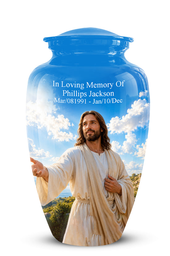 Blue Jesus Funeral Urn - Custom Aluminum Cremation Urn For Human Ashes