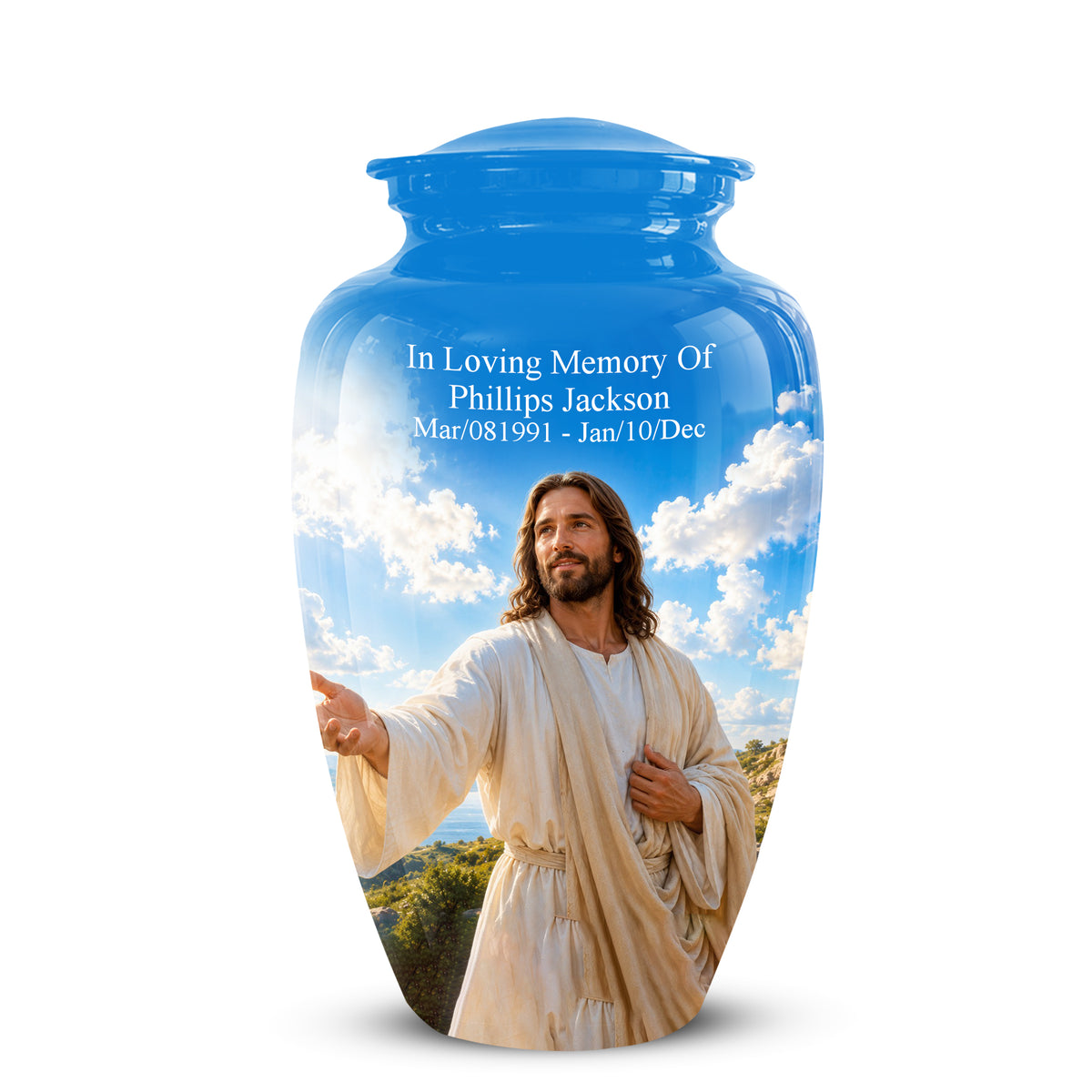 Blue Jesus Funeral Urn - Custom Aluminum Cremation Urn For Human Ashes
