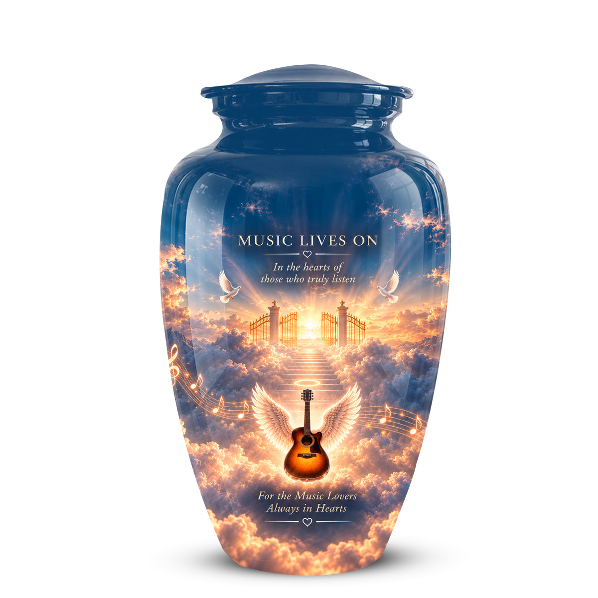 Angel Wings & Guitar Tribute Funeral Urn - Sunset Heaven Gate & Stairs Memorial Urn