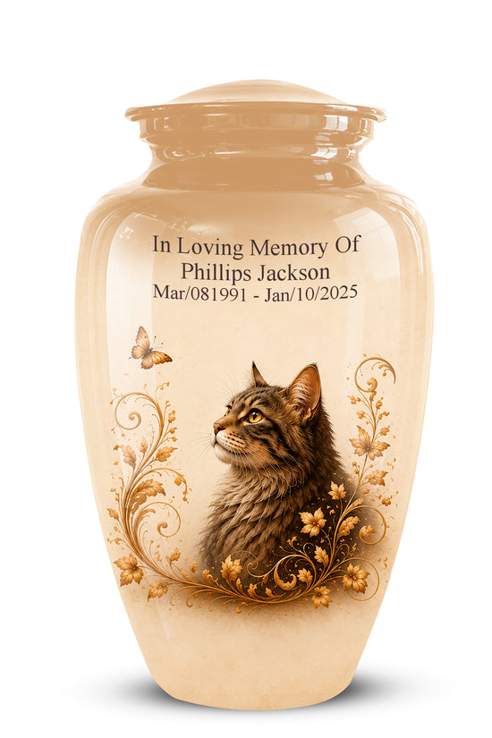 A beige ceramic pet memorial urn with a lid, featuring a printed illustration of a brown tabby cat, gold floral scrollwork, and black personalized text reading 'In Loving Memory Of Phillips Jackson' with dates.