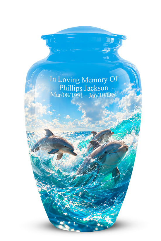 A personalized blue ceramic cremation urn featuring a printed design of dolphins leaping out of ocean waves under a cloudy sky. The front of the urn is printed with the text 'In Loving Memory Of Phillips Jackson' and dates 'Mar/08/1991 - Jan/10/Dec'.