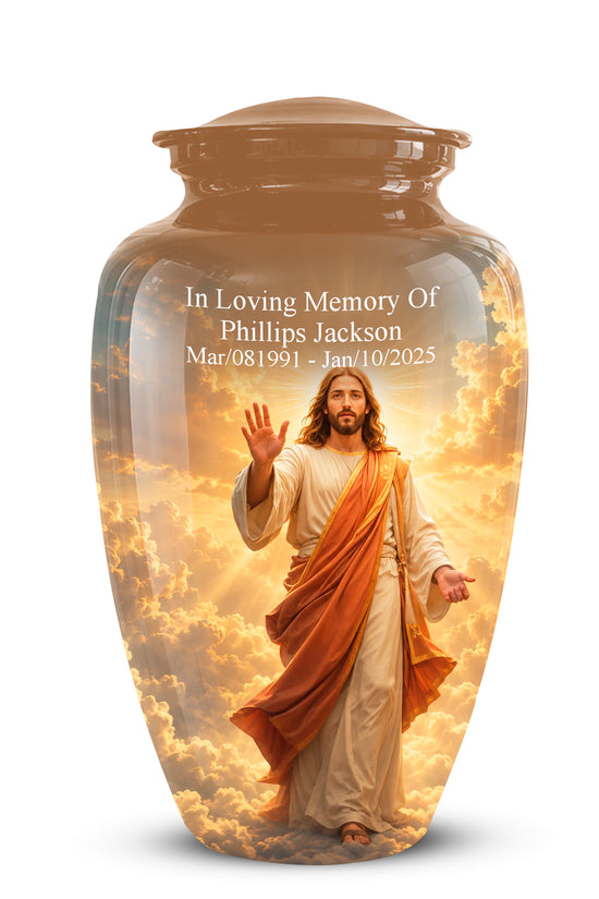 A glossy ceramic cremation urn with a lid, featuring a custom printed image of Jesus Christ on a golden cloud background with memorial text, shown on a white background.