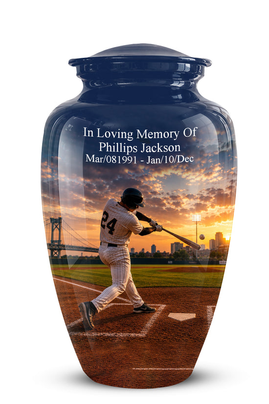 A glossy dark blue memorial urn with a lid, featuring a printed baseball player at bat over a sunset field scene and personalized white text reading 'In Loving Memory Of Phillips Jackson' with dates.