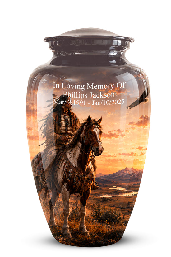 A glossy dark brown ceramic cremation urn with a lid, featuring a printed scenic graphic of a cowboy riding a horse at sunset. Custom white text on the front reads 'In Loving Memory Of Phillips Jackson' with dates below.