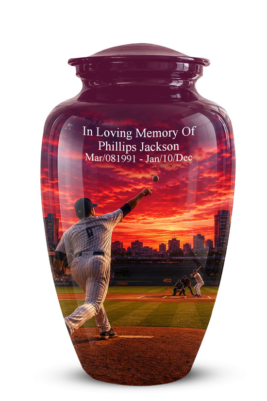 A glossy urn-shaped memorial vase with a dark burgundy lid and base, featuring a printed baseball field scene at sunset with a pitcher and the text 'In Loving Memory Of Phillips Jackson Mar/08/1991 - Jan/10/Dec' on the front, shown on a white background.