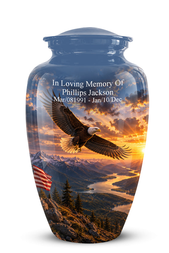 Sunset Eagle Funeral Urn - Blue Custom Aluminum Urns For Human Ashes