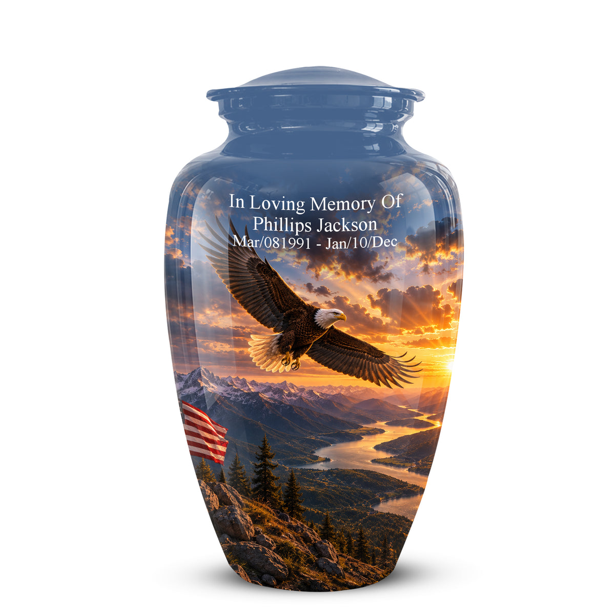 Sunset Eagle Funeral Urn - Blue Custom Aluminum Urns For Human Ashes