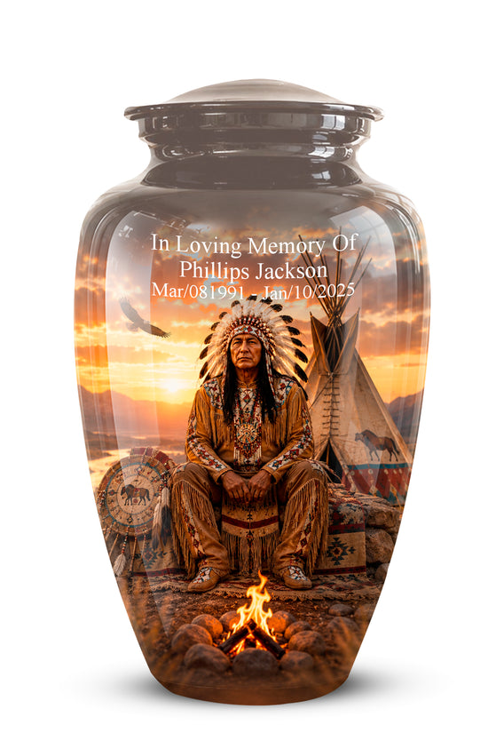 A dark brown ceramic cremation urn with a lid, featuring a detailed custom print of a Native American warrior, a teepee, and a campfire under a sunset sky. White text on the upper left reads 'In Loving Memory Of Phillips Jackson' with birth and death dates.