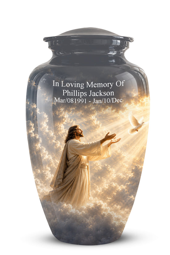 Jesus With Flying Dove Cremation Urn - Beautiful Sunrays Theme Urn For Ashes