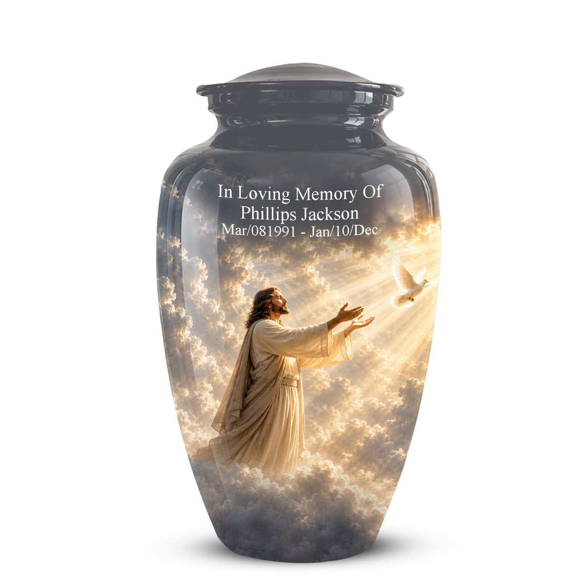 Jesus With Flying Dove Cremation Urn - Beautiful Sunrays Theme Urn For Ashes