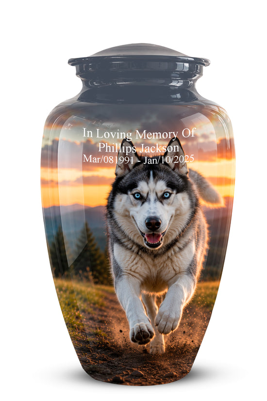 A memorial urn with a glossy finish, featuring a printed design of a husky running outdoors at sunset. The top portion of the urn has a dark gray lid and white personalized text reading 'In Loving Memory Of Phillips Jackson Mar/08 1991 - Jan 10 2025'.