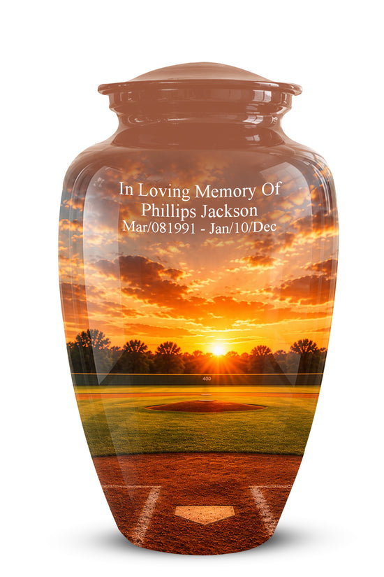 A glossy ceramic memorial urn featuring a printed baseball field sunset design, with custom white text on the front reading 'In Loving Memory Of Phillips Jackson' and dates below, shown on a white background.