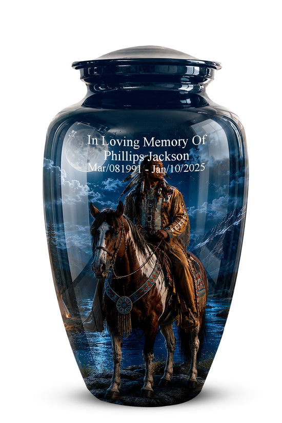 A glossy dark blue memorial urn with a lid, featuring a printed graphic of a cowboy riding a brown horse under a stormy blue sky. White personalized text is printed on the front, reading 'In Loving Memory Of Phillip Jackson' with dates below.