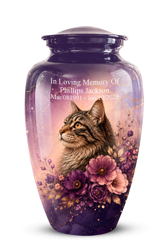 A glossy purple cremation urn with a custom printed design featuring a brown tabby cat, pink and purple flowers, and gold glitter-like speckles, with white memorial text on the front.