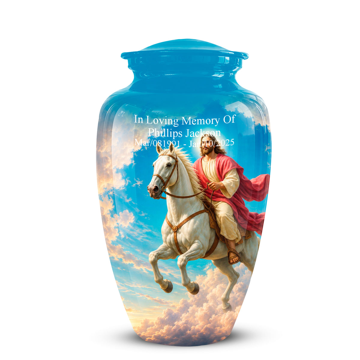 A personalized blue glass cremation urn with a lid, featuring a printed graphic of a man in a red cloak riding a white horse through the clouds. White text on the front reads 'In Loving Memory Of Phillips Jackson' with birth and death dates.