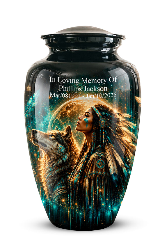A black ceramic cremation urn with a glossy finish, featuring a custom printed design of a Native American woman and a howling wolf under a full moon. The top of the urn has a matching black lid and custom white text reading 'In Loving Memory Of Phillips Jackson' with dates.