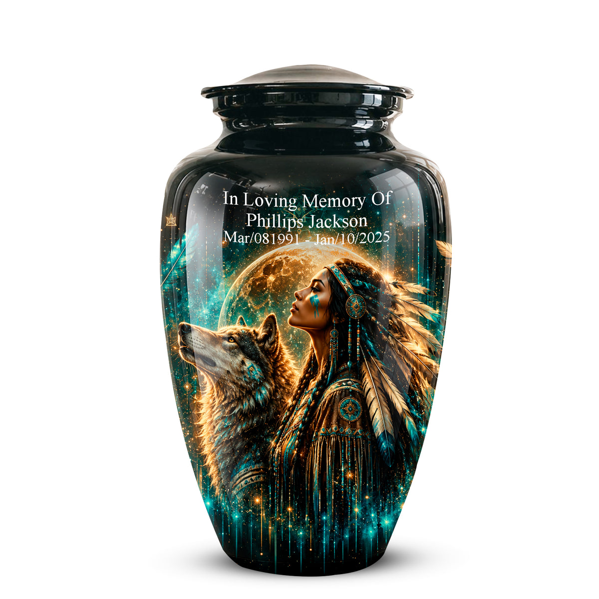 A black ceramic cremation urn with a glossy finish, featuring a custom printed design of a Native American woman and a howling wolf under a full moon. The top of the urn has a matching black lid and custom white text reading 'In Loving Memory Of Phillips Jackson' with dates.