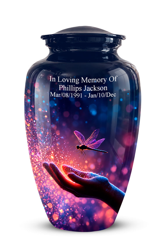 A glossy black cremation urn with a lid, featuring a colorful printed design of a hand reaching up to a dragonfly over a purple and pink galaxy background. White text on the front reads 'In Loving Memory Of Phillips Jackson Mar/08/1991 - Jan/10/Dec'.