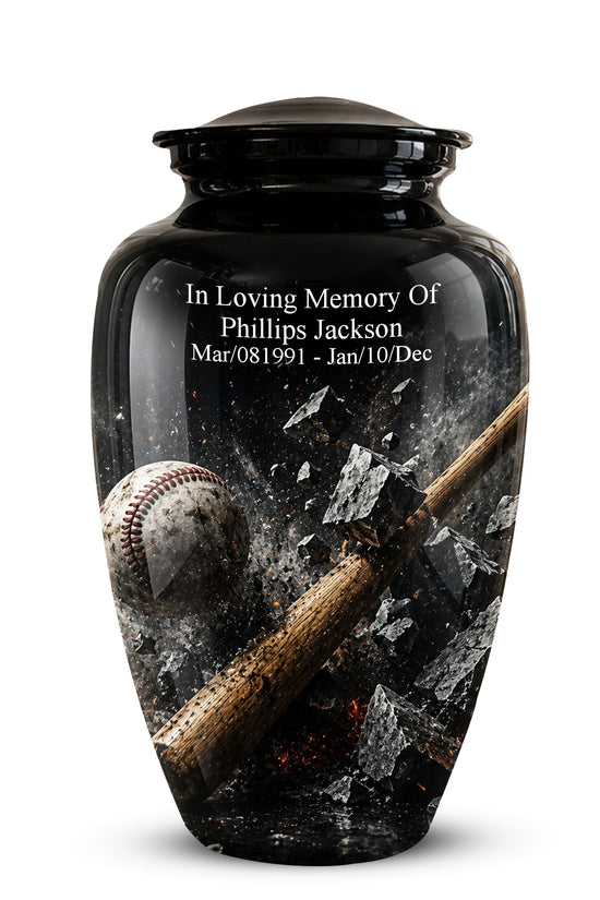 A glossy black memorial urn with a baseball and wooden bat graphic, featuring personalized white text that reads 'In Loving Memory Of Phillips Jackson' with dates below, shown on a white background.