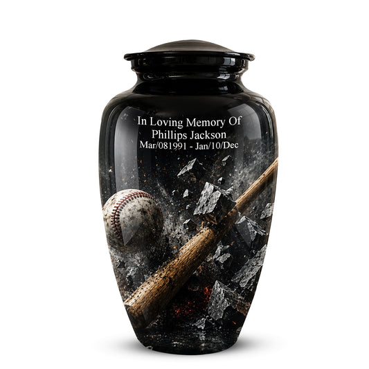 A glossy black memorial urn with a baseball and wooden bat graphic, featuring personalized white text that reads 'In Loving Memory Of Phillips Jackson' with dates below, shown on a white background.