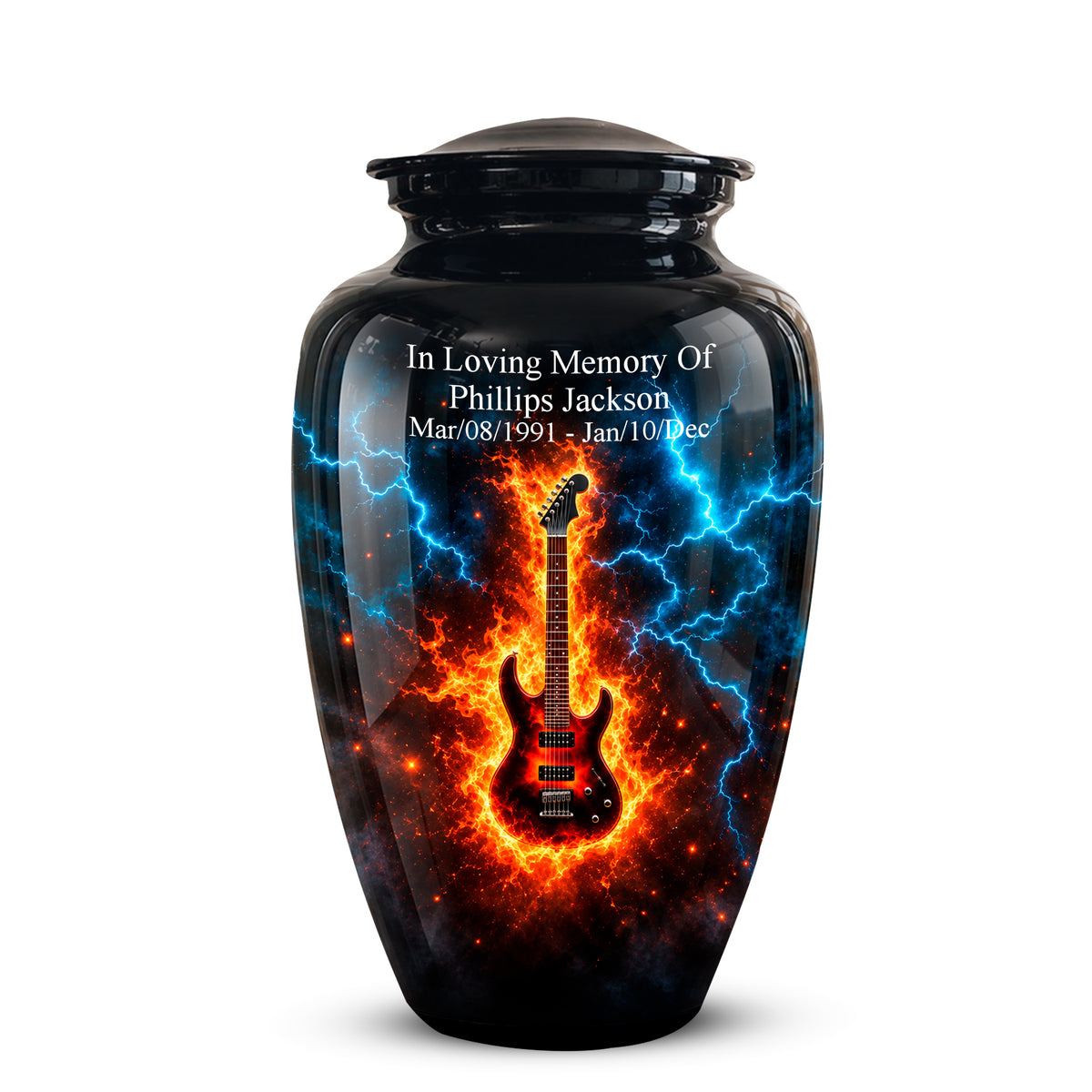 A glossy black memorial urn with a lid, featuring a printed design of a red electric guitar surrounded by blue lightning and orange flames. White text on the front reads 'In Loving Memory Of Phillip Jackson' with dates below.