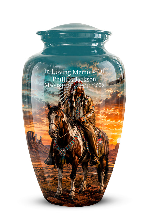 A glossy ceramic cremation urn with a teal-blue lid and upper body, featuring a printed scenic graphic of a Native American rider on a horse against a desert sunset. Custom white text on the front reads, 'In Loving Memory Of Phillips Jackson' with dates.