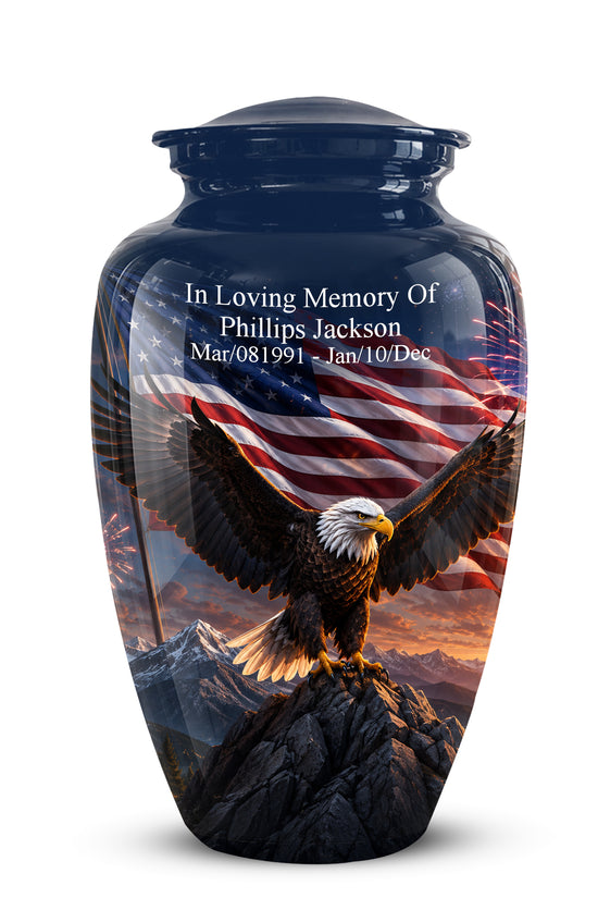 Patriotic Eagle & USA Flag Themed Urn - Aluminum Memorial Urns For Veterans