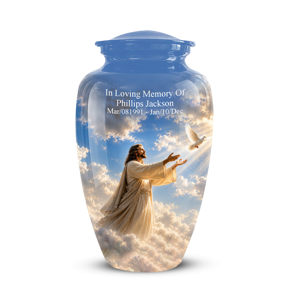 Personalized Jesus With White Dove Urn - Blue Aluminum Cremation Urns