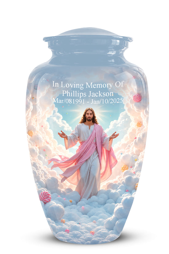 A light blue ceramic cremation urn with a custom printed graphic of Jesus Christ standing on clouds, surrounded by pink roses and golden coins, with personalized text on the front.
