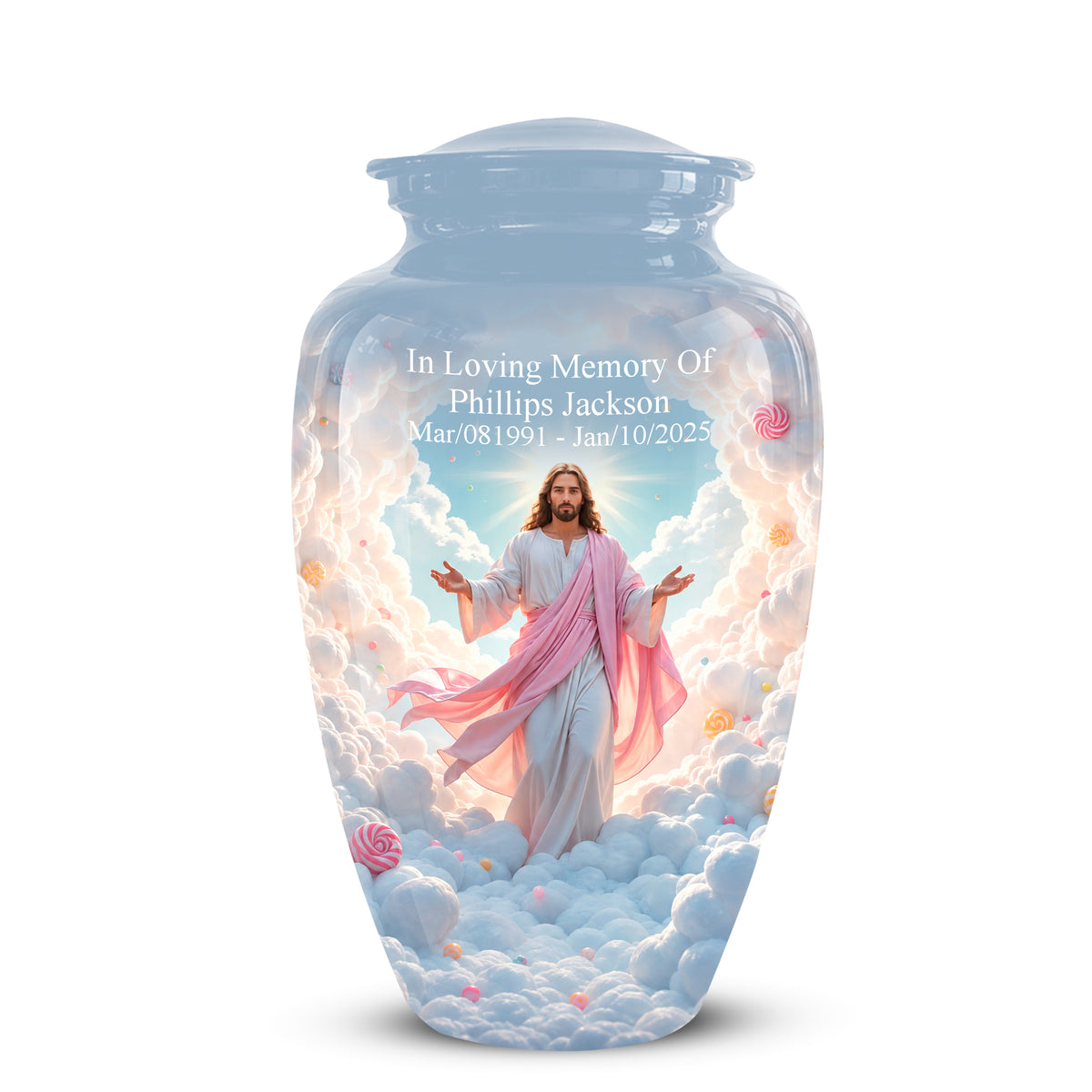 A light blue ceramic cremation urn with a custom printed graphic of Jesus Christ standing on clouds, surrounded by pink roses and golden coins, with personalized text on the front.
