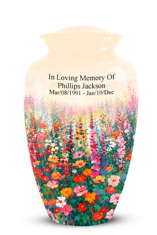 A glossy ceramic cremation urn with a cream-colored neck and lid, featuring a colorful painted wildflower design on the lower half and personalized black text on the front, shown on a white background.