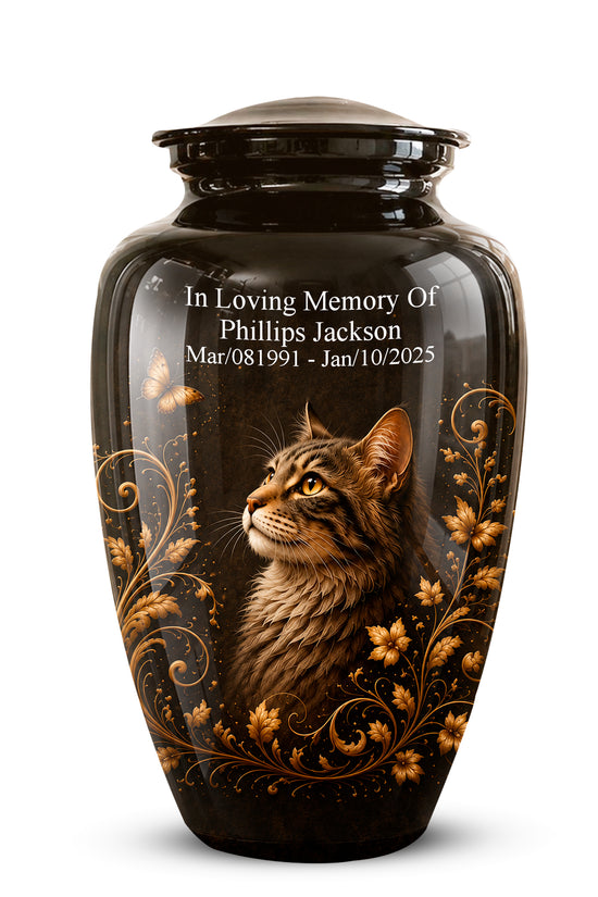 A glossy black cremation urn with a lid, featuring a printed portrait of a tabby cat, gold floral scrollwork, and personalized white memorial text on the front, shown on a clean white background.