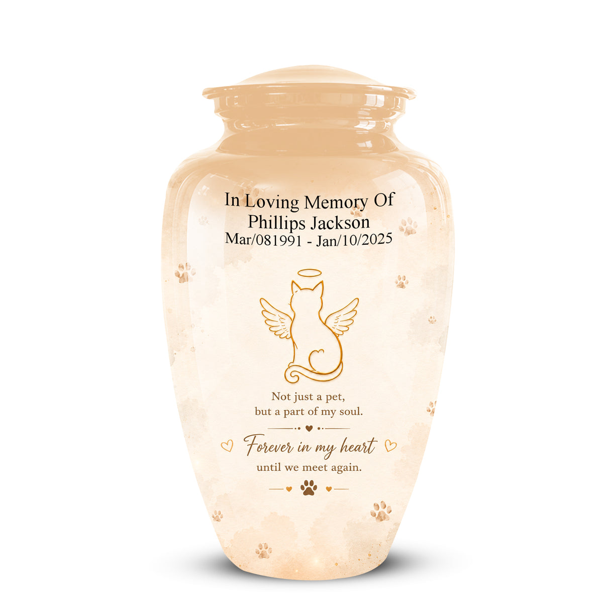 A cremation urn with a beige and cream marbled finish, featuring a gold engraved illustration of a winged cat and personalized memorial text for a pet.