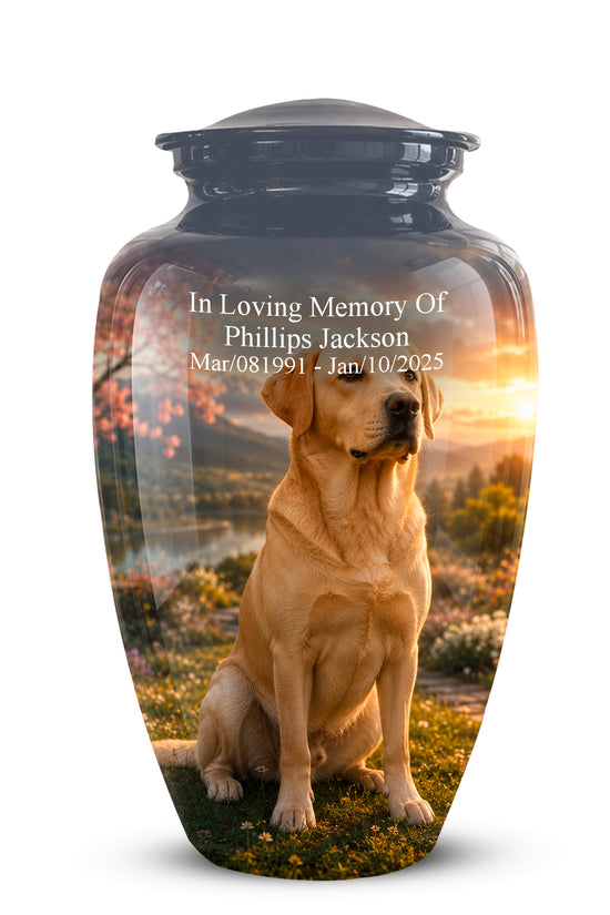A glossy black memorial urn with a custom printed photo of a golden retriever dog sitting in a field at sunset. White text on the front reads 'In Loving Memory Of Phillips Jackson Mar/08/1991 - Jan/10/2025'.