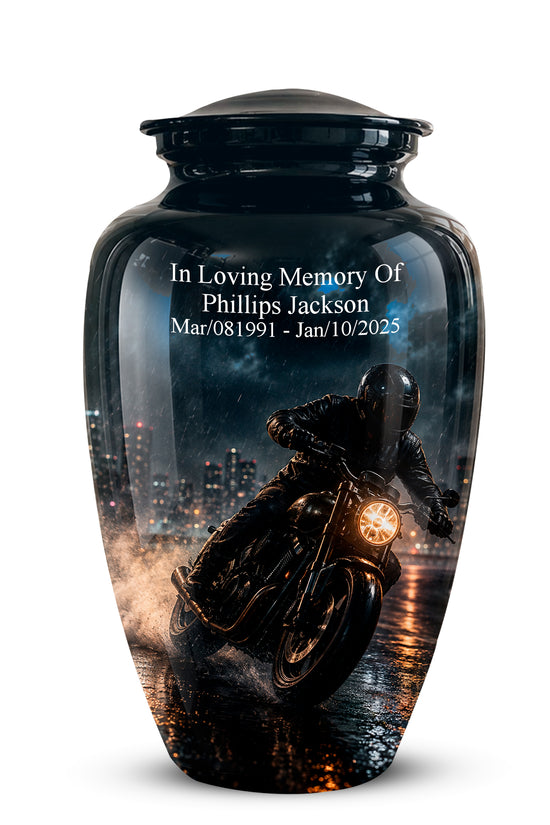 A glossy black memorial urn with a lid, featuring a printed graphic of a motorcycle rider on a wet city street at night. White personalized text on the front reads, 'In Loving Memory Of Phillips Jackson Mar/081991 - Jan/10/2025'.