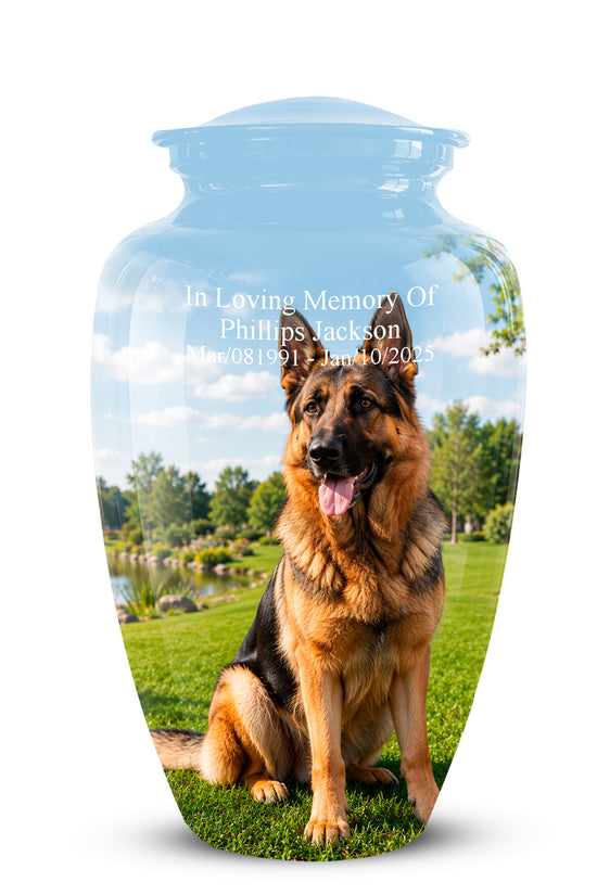 A clear glass pet memorial urn with a lid, featuring a printed photo of a German Shepherd sitting on a green lawn under a blue sky. White text on the front reads 'In Loving Memory Of Phillips Jackson' with dates below.
