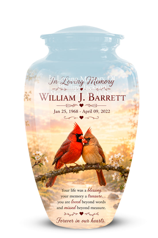 A personalized glass cremation urn with a lid, featuring a printed design of two cardinal birds on a branch against a sunset sky. The text on the urn reads 'In Loving Memory William J.
