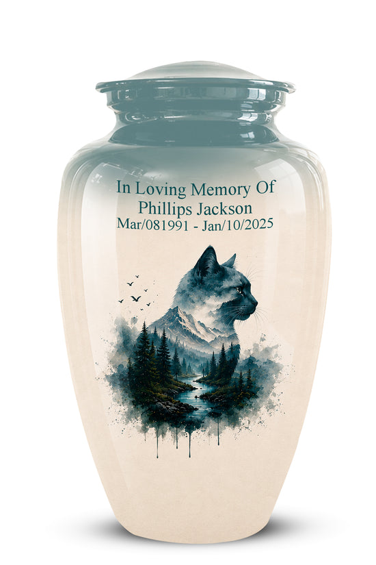 A ceramic pet memorial urn with a glossy finish, featuring a teal and cream color scheme. The front is printed with a watercolor-style black cat silhouette over a forest landscape, alongside personalized text reading 'In Loving Memory Of Phillips Jackson' and dates.