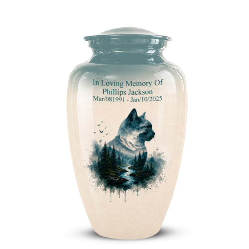 A ceramic pet memorial urn with a glossy finish, featuring a teal and cream color scheme. The front is printed with a watercolor-style black cat silhouette over a forest landscape, alongside personalized text reading 'In Loving Memory Of Phillips Jackson' and dates.