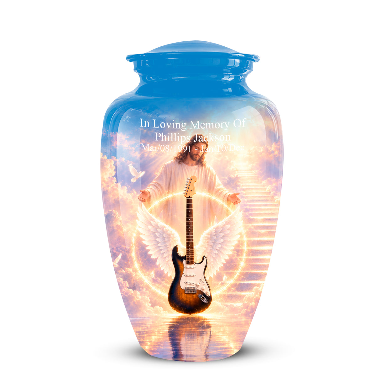 A personalized ceramic cremation urn with a blue lid and base, featuring a printed graphic of an angel with wings holding a brown electric guitar, set against a background of golden clouds and white stairs. White personalized text is printed on the front.